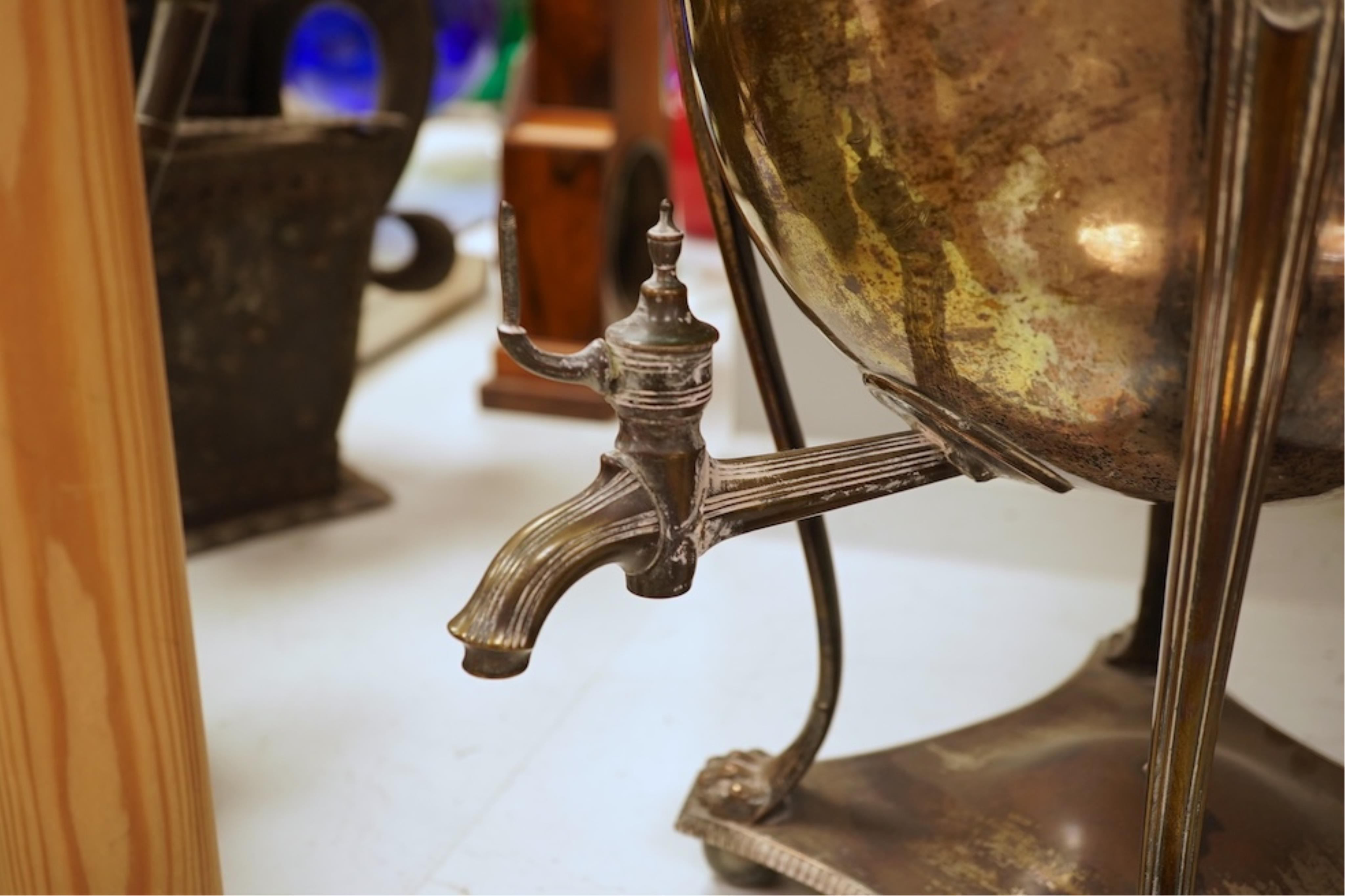 A Regency Old Sheffield Plate samovar and two silver plated trays, largest 70cm